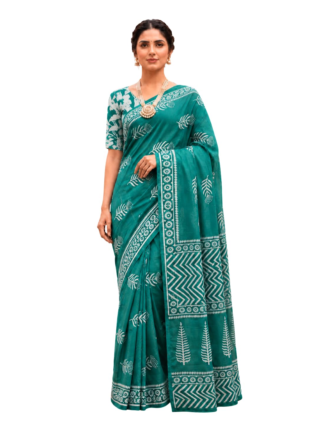 Cotton Teal Leaf‑Print Pure Cotton Saree – Botanical Fresh Elegance Lightweight Cotton Saree with Leaf Motifs for Everyday & Casual Wear (One Size)-picture-52