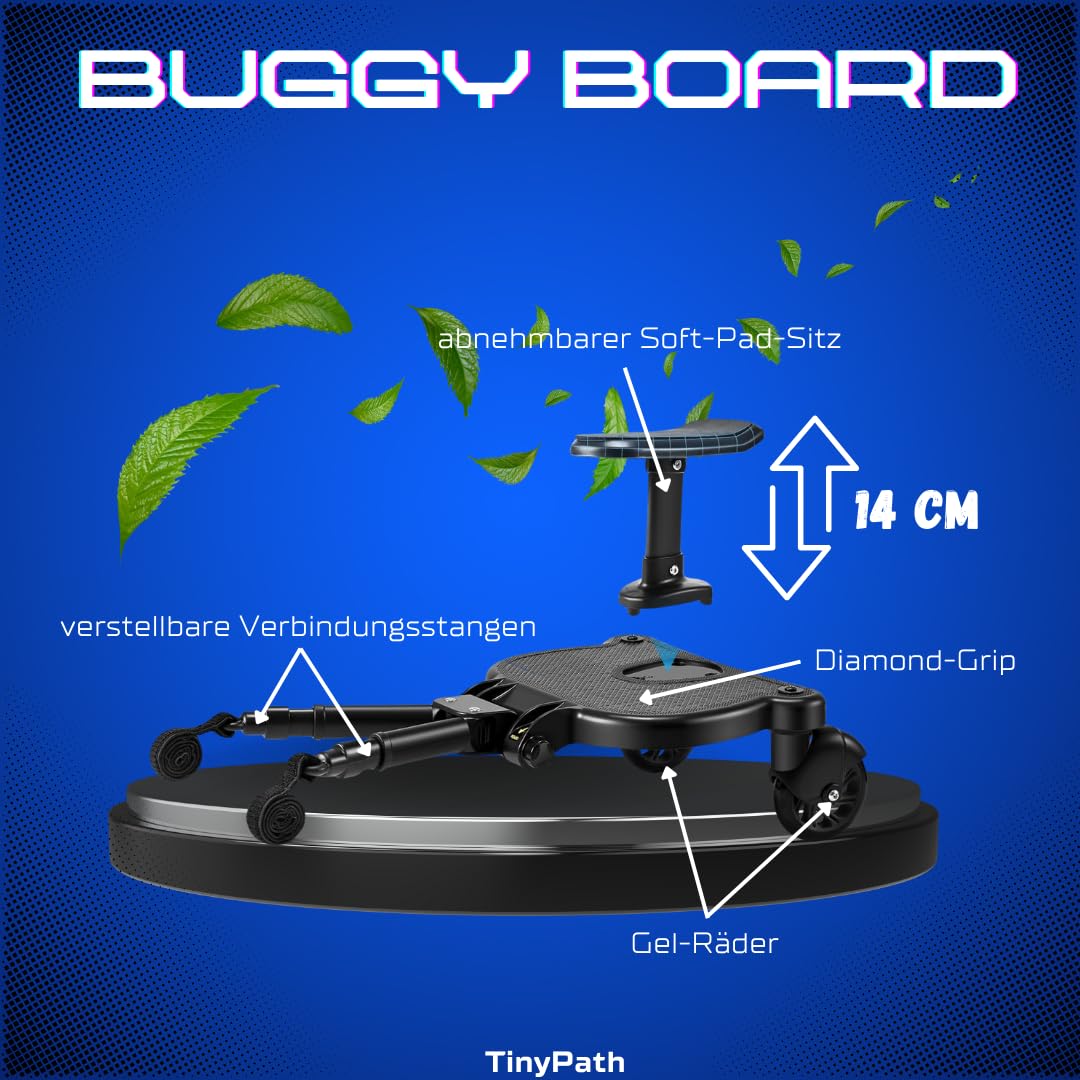 TinyPath Kinder Buggy Board - Universelles Trittbrett 14cm Sitz für alle Kinderwagen & Reisebuggys | Geschenkidee | Sicher, stabil & rutschfest | Einfache Montage | Kinderwagen-Zubehör