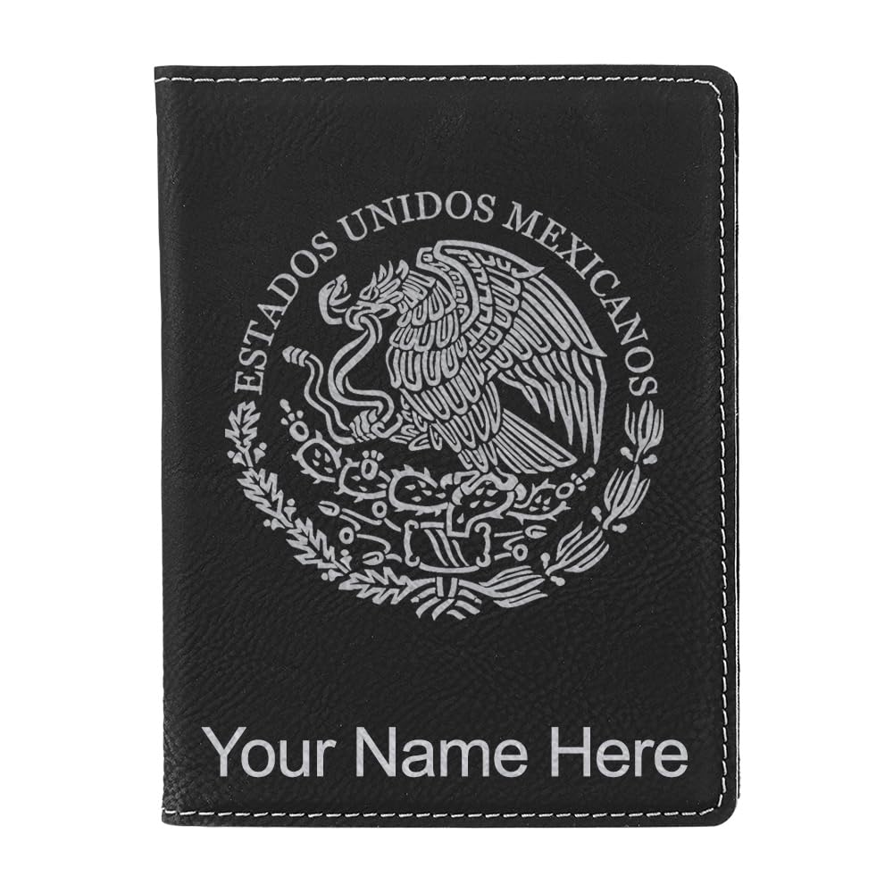LaserGram Faux Leather Passport Holder, Flag of Mexico, Personalized Engraving Included (Black with Silver)