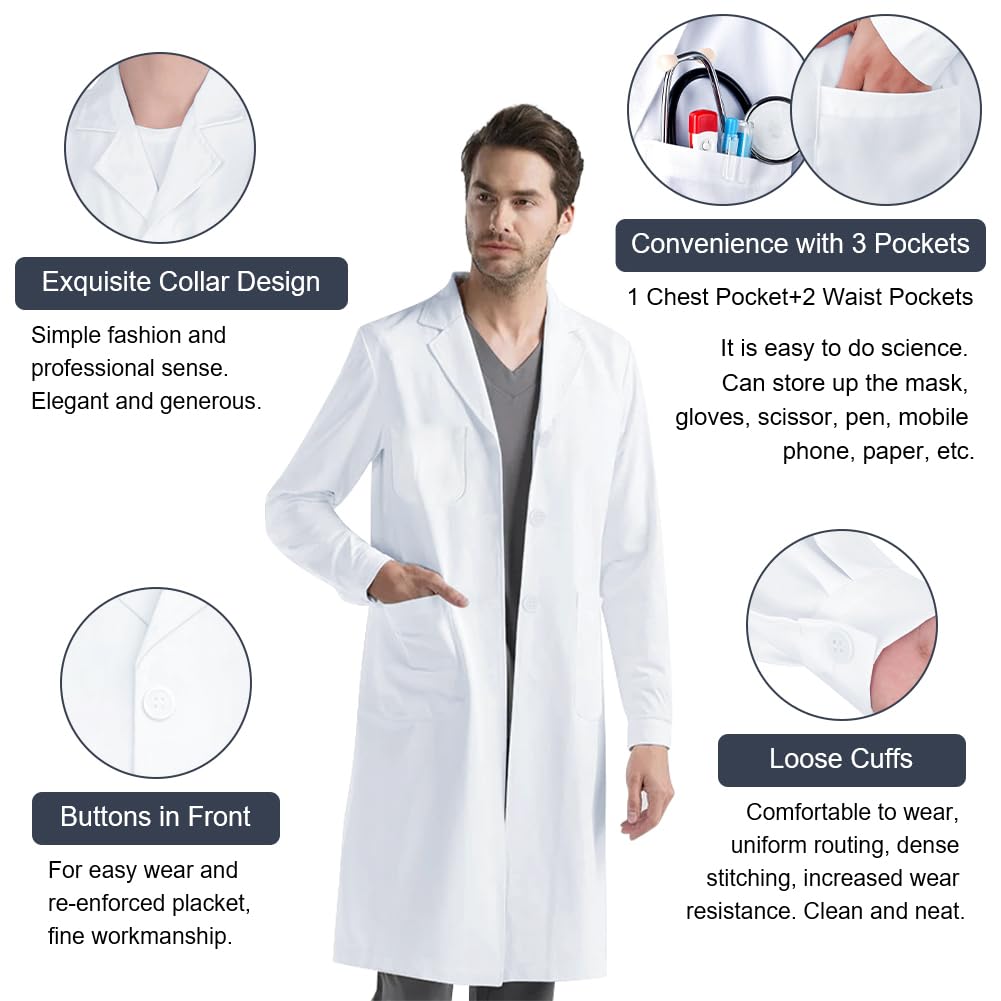 AUYAO Płaszcz Laboratoryjny, Damski i Męski, Biały, Bawełniany i Poliestrowy, Płaszcz Medyczny i Naukowy, Unisex i Dorosły, Labcoat Chemiczny i Laboratorium, Jedzenie i Odzież Robocza
