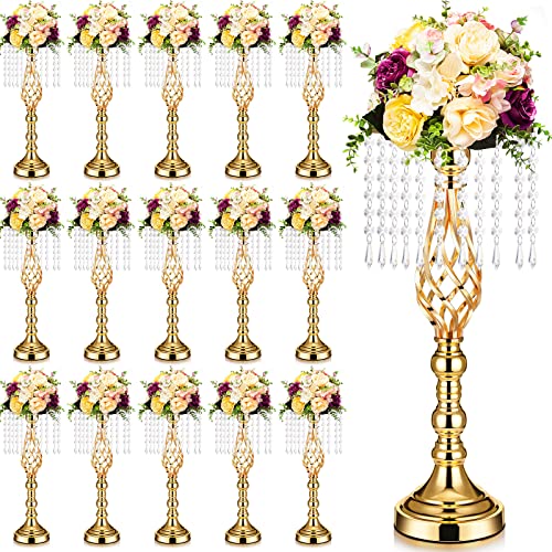 Sieral 15 Pcs Gold Wedding Centerpieces for Table Gold Crystal Flower Stand 19.3 Inch Tall Vase with Chandelier Metal Flower Holders for Wedding Bridal Shower Party Reception Dinner Tabletop Decor by Sieral - Used condition - US$123.37