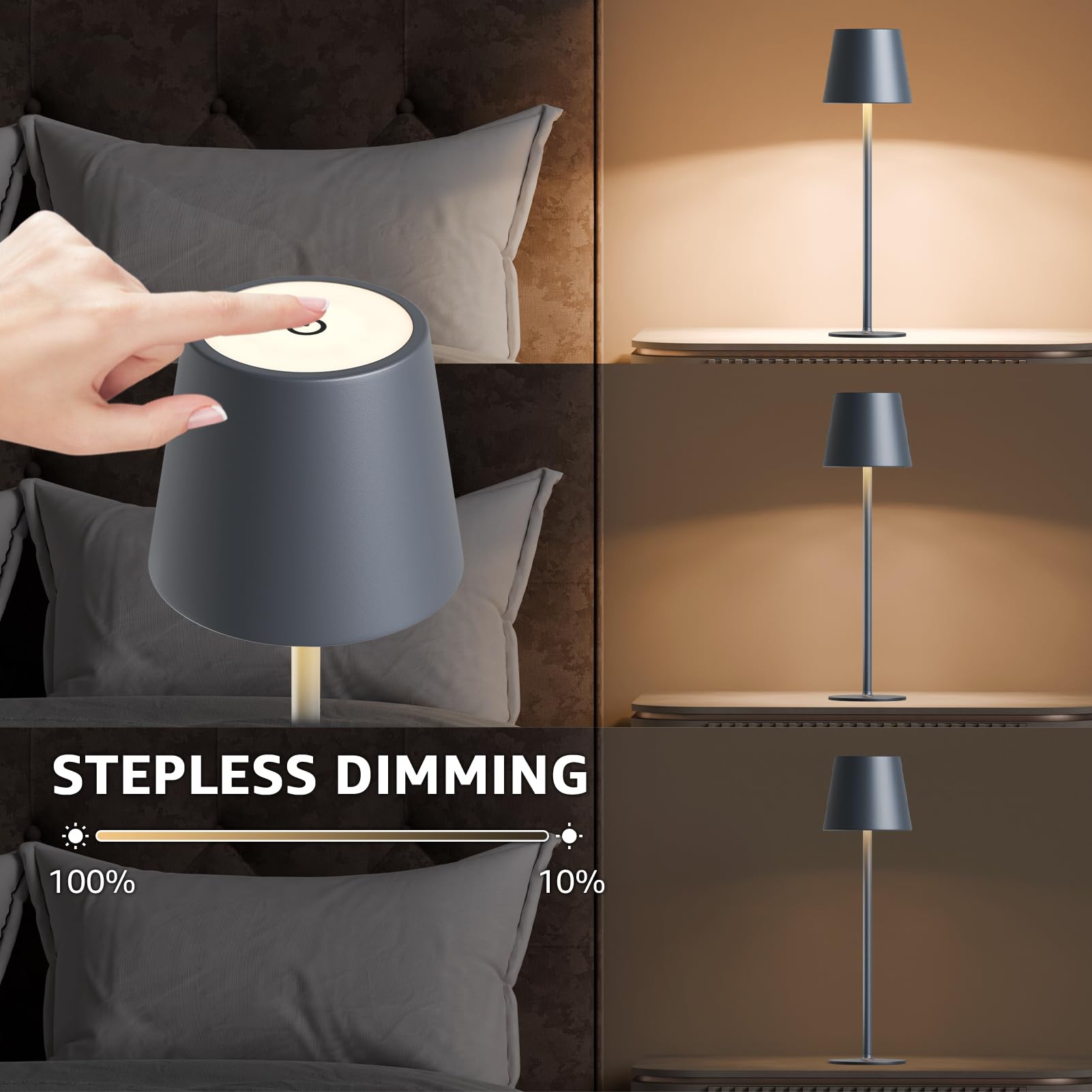 MALUX LED Tischlampe Kabellos 2 Stück Touch Dimmbare 2700K-4000K Metall IP44 Wasserdicht, USB-C Aufladung, 8-15h Akkulaufzeit Tischleuchte für Garten Esstisch Schlafzimmer Balkon Hotel (Grau)