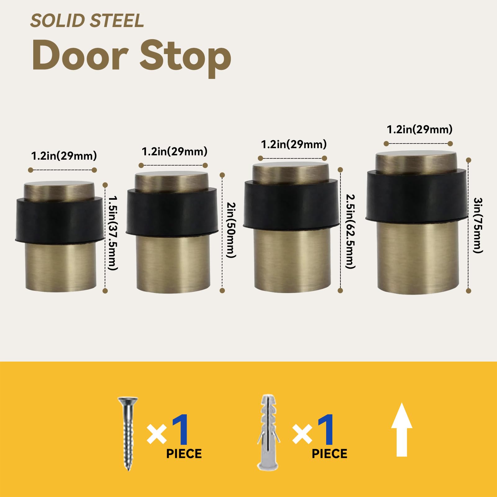 KHTUMEWARE 3801 cylindrical floor door stop dimension diagram, 1-1/2 in (38 mm) overall height, 1.38 in (35 mm) max diameter, Antique Brass.