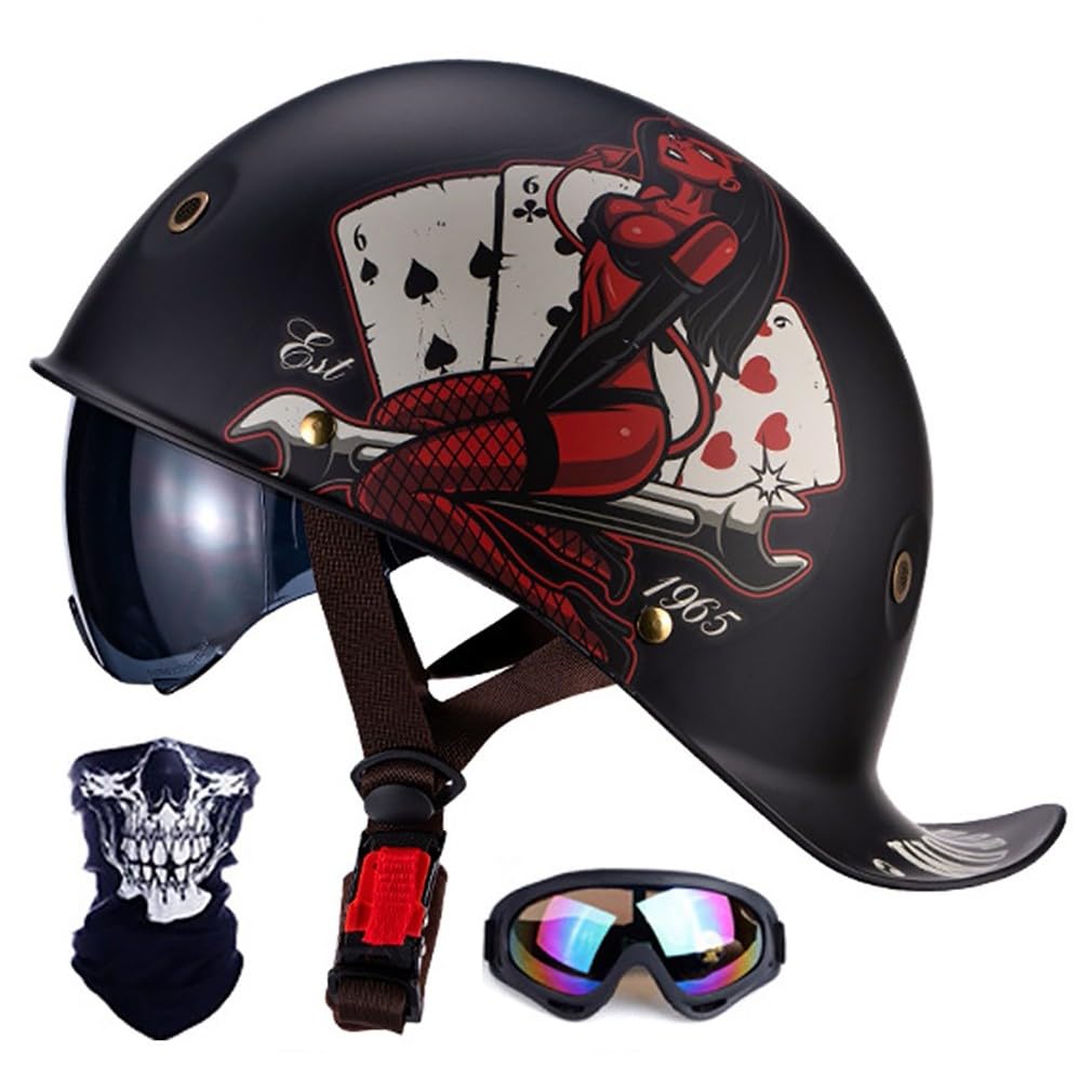 Motorrad Halbhelm Halbschalenhelm Mit Maske Und Brille Geliefert ECE-Zulassung Motorradhelm Mit Schrumpfbare Innengläser LüFtungsloch Schnellverschluss M-XL 57-62CM