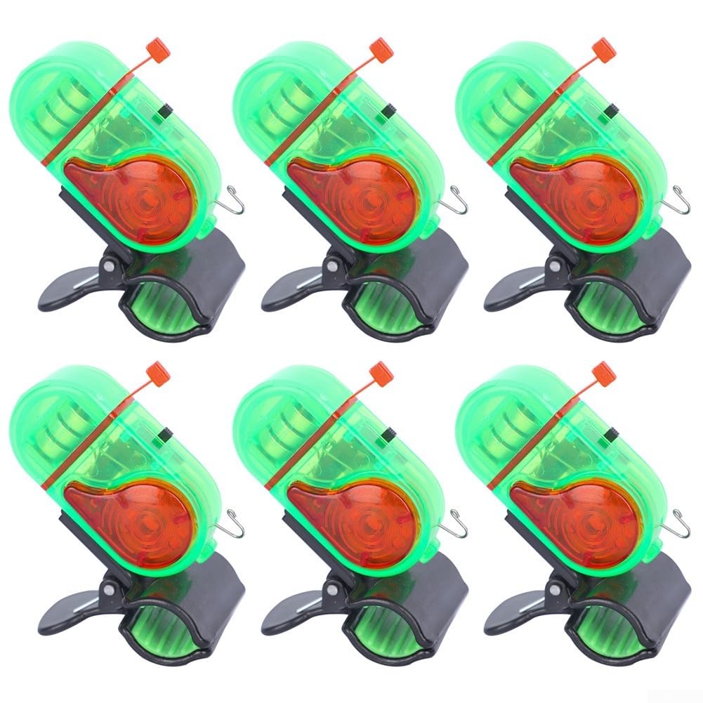 Waterproof Fishing Rod Bite Alarm System with LED Light Indicator 80 Decibel Sound Clip-On Design for Night Fishing Detection ABS Material 6 Pieces(Plastic Green)