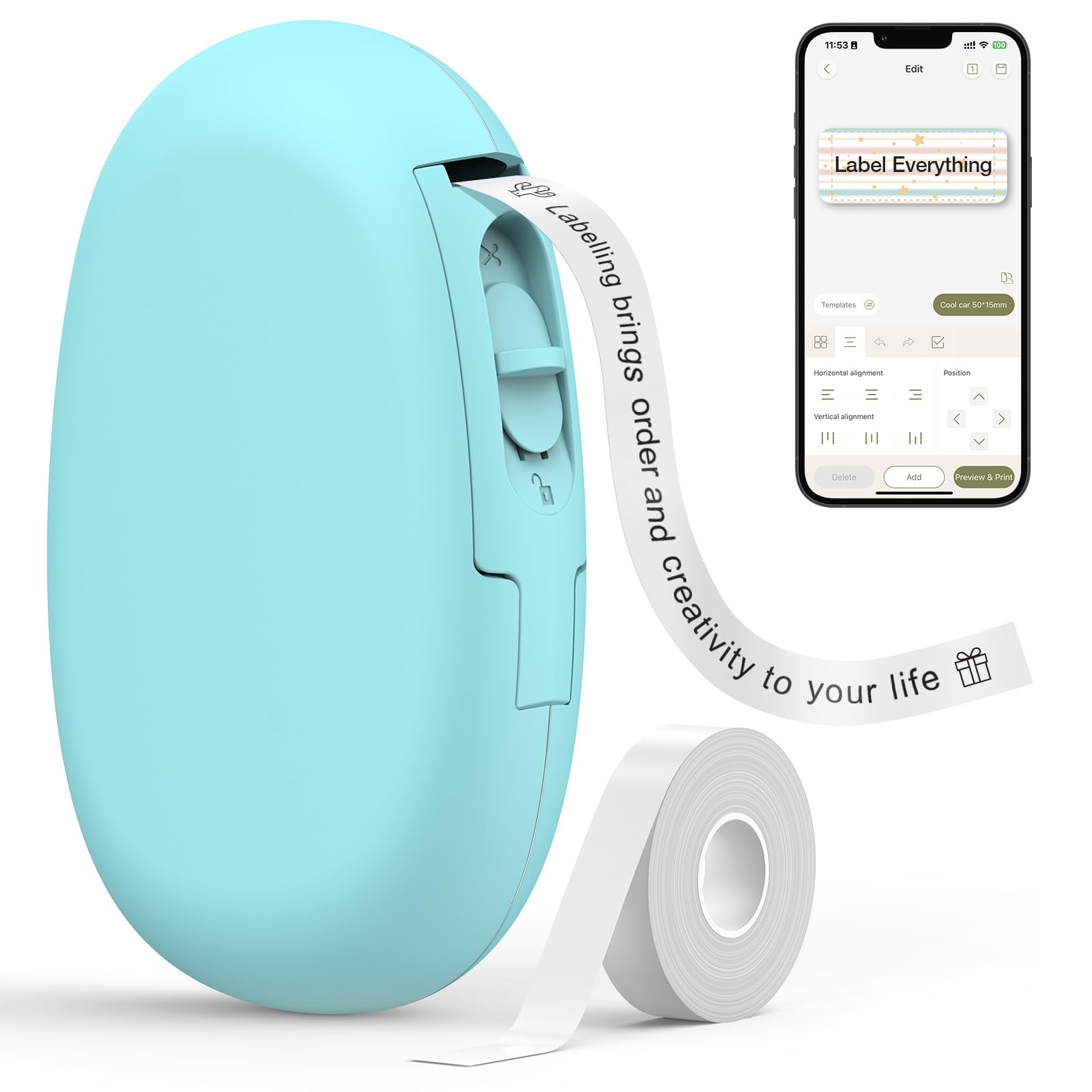 SUPVAN E10 Bluetooth Label Maker Machine with Tape, Continuous Waterproof Label, Versatile App with 35 Fonts and 1k+ Icons, Inkless Labeler for Home, Kitchen, School, Office Organization, Teal