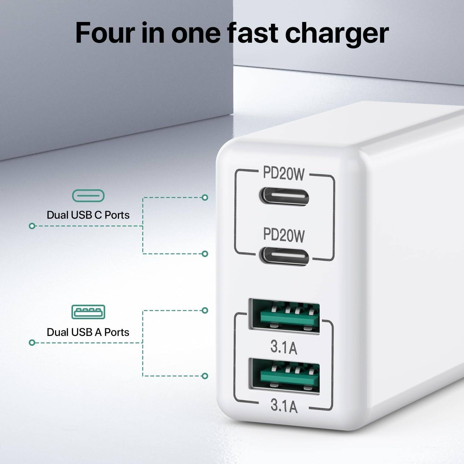 Set di 4 caricabatterie USB-C Caricabatterie rapido multiporta da 40 W PD 3.0 Adattatore di alimentazione USB-C per telefoni cellulari Compatibile con iPhone 16/15/14/13/12/11/Galaxy S24/S23/S22