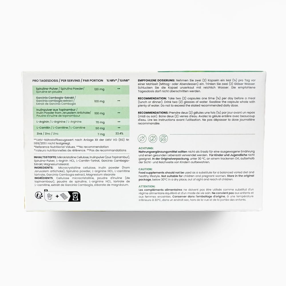 La fórmula DUO original 2024 Apoya el cuerpo con polvo de espirulina, polvo de inulina, Garcinia Cambogia, L-carnitina, L-arginina y zinc, 60 cápsulas (1 paquete)