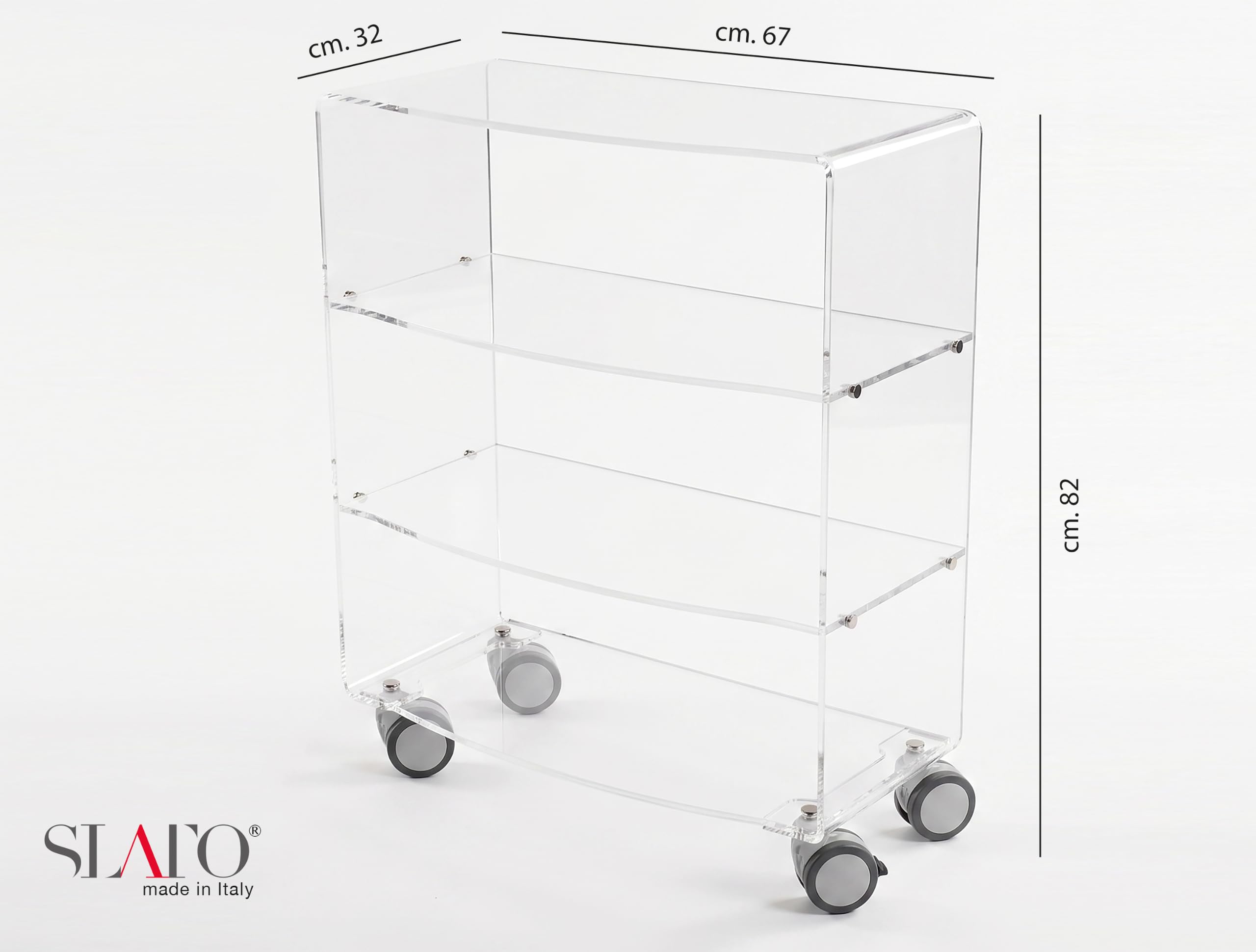 Slato Esperia - mobiletto vetrinetta con ruote in cristallo acrilico trasparente da soggiorno o camera da letto a quattro ripiani, Libreria, Salotto, design moderno Made in Italy, cm. 32× 67 × h 82