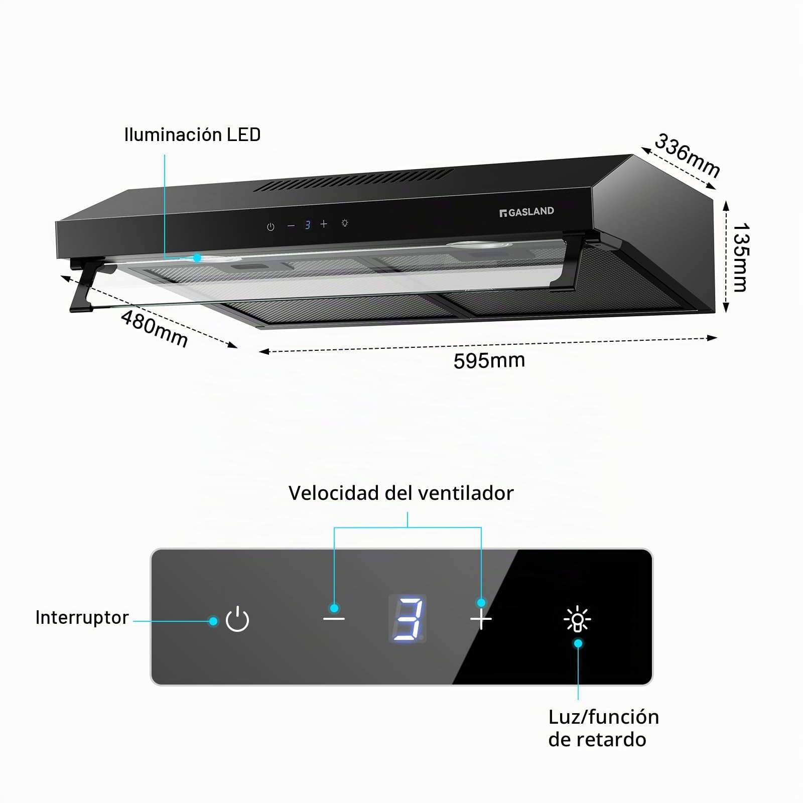 GASLAND UC60BS Campana Extractora de Doble Motor 60 cm, Modo Recirculación, Extracción Silenciosa 333 m³/h, 3 Niveles Control Táctil, Campana de Cocina Suspendida de Metal Negro con Filtro de Carbón