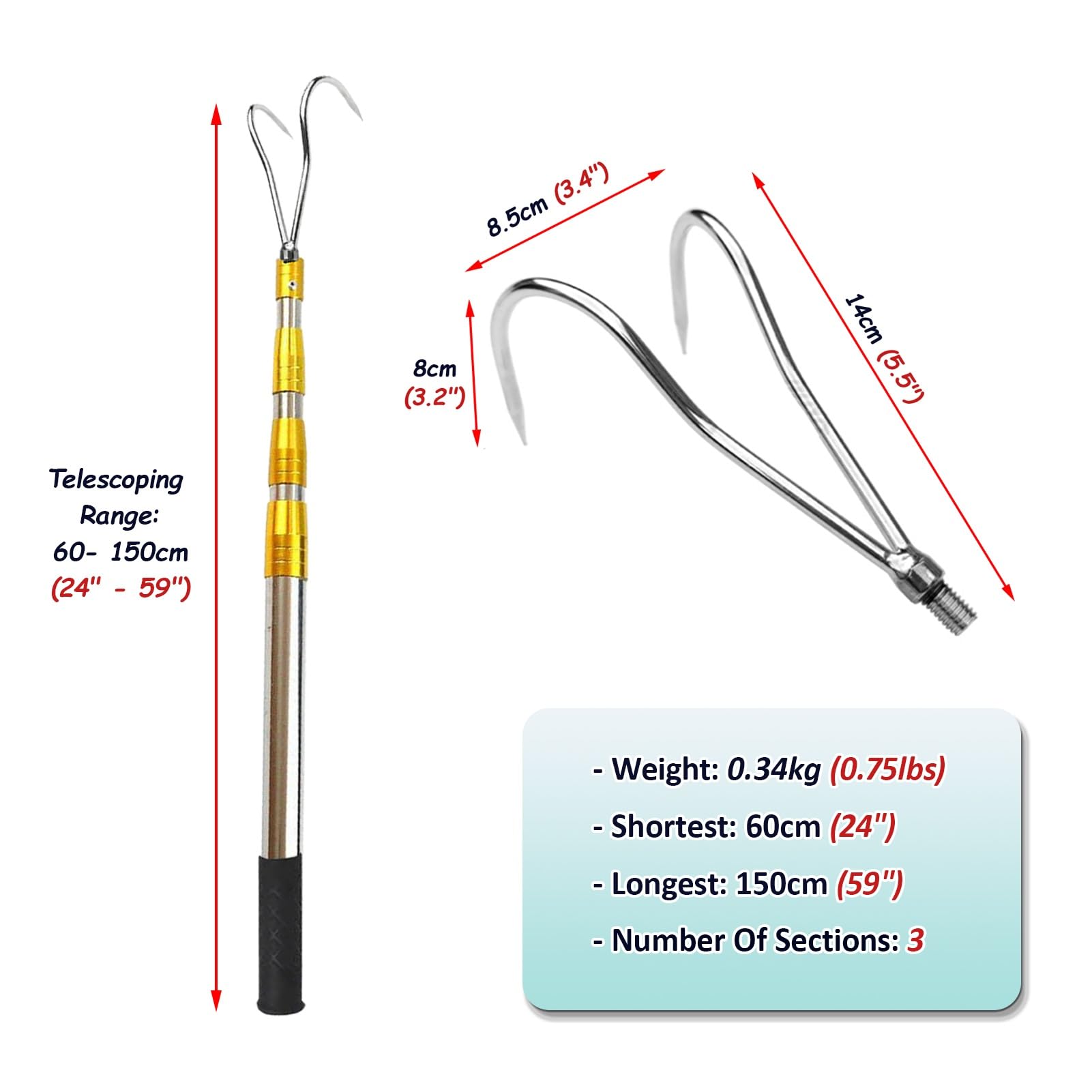 Mezzo Marinaio per Barca Rastrello Telescopico per Erbacce Acquatiche a 2/3/ 4 Denti, Asta Regolabile per Rimozione Detriti di Alberi/Gancio per Barche, Aste per Barche(2-Claw,60-150cm/24" - 59")