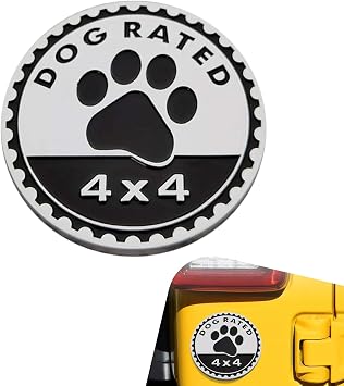 Dogs Badge Rated Car Emblem, 4 x 4 Dog Car Badge Emblem, 3D Metal Round Doggy Paw Print Auto Badges Emblems Decal, Compatible with Jeep Wrangler Truck Vehicle SUV, Auto Exterior Decoration