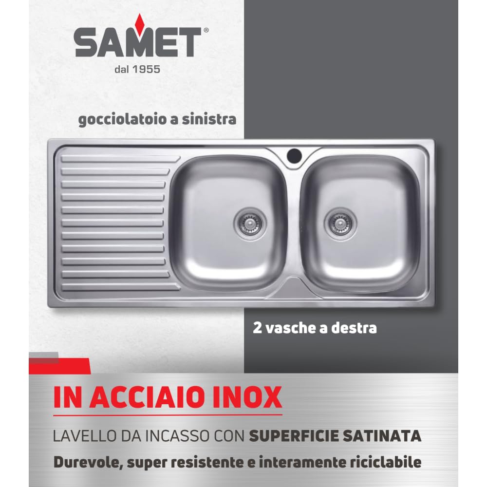 Lavello cucina due vasche acciaio da incasso gocciolatoio sx 50x116 cm
