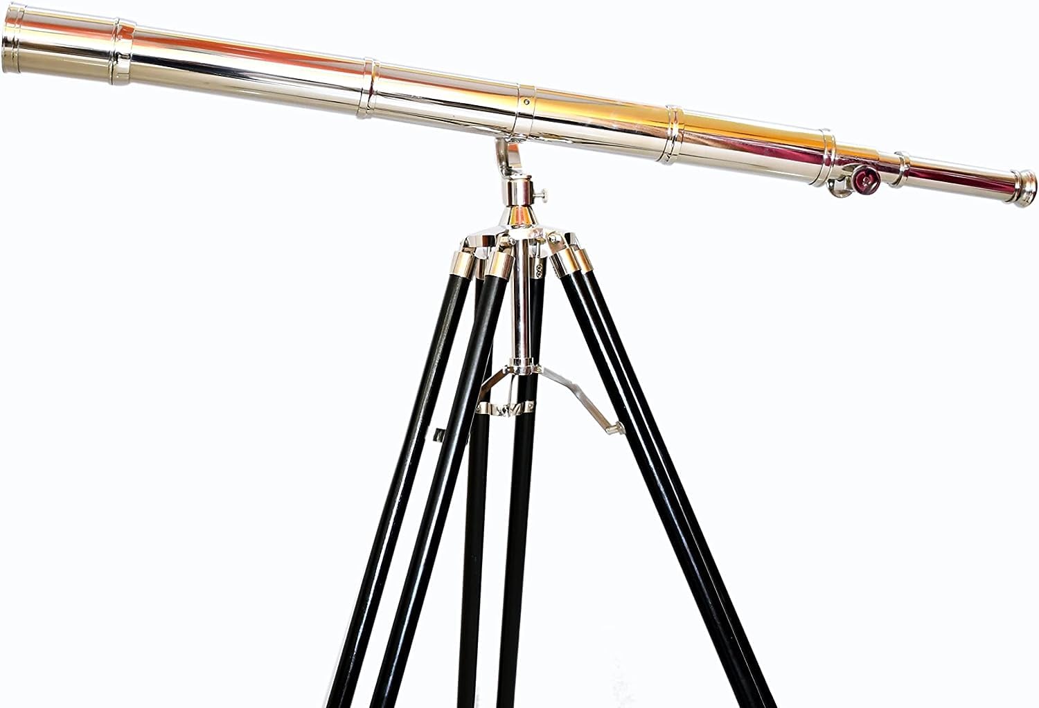 Chrome/Nickel Finish Nautical Telescope Arc Design Floor Standing Black Wooden Tripod Stand