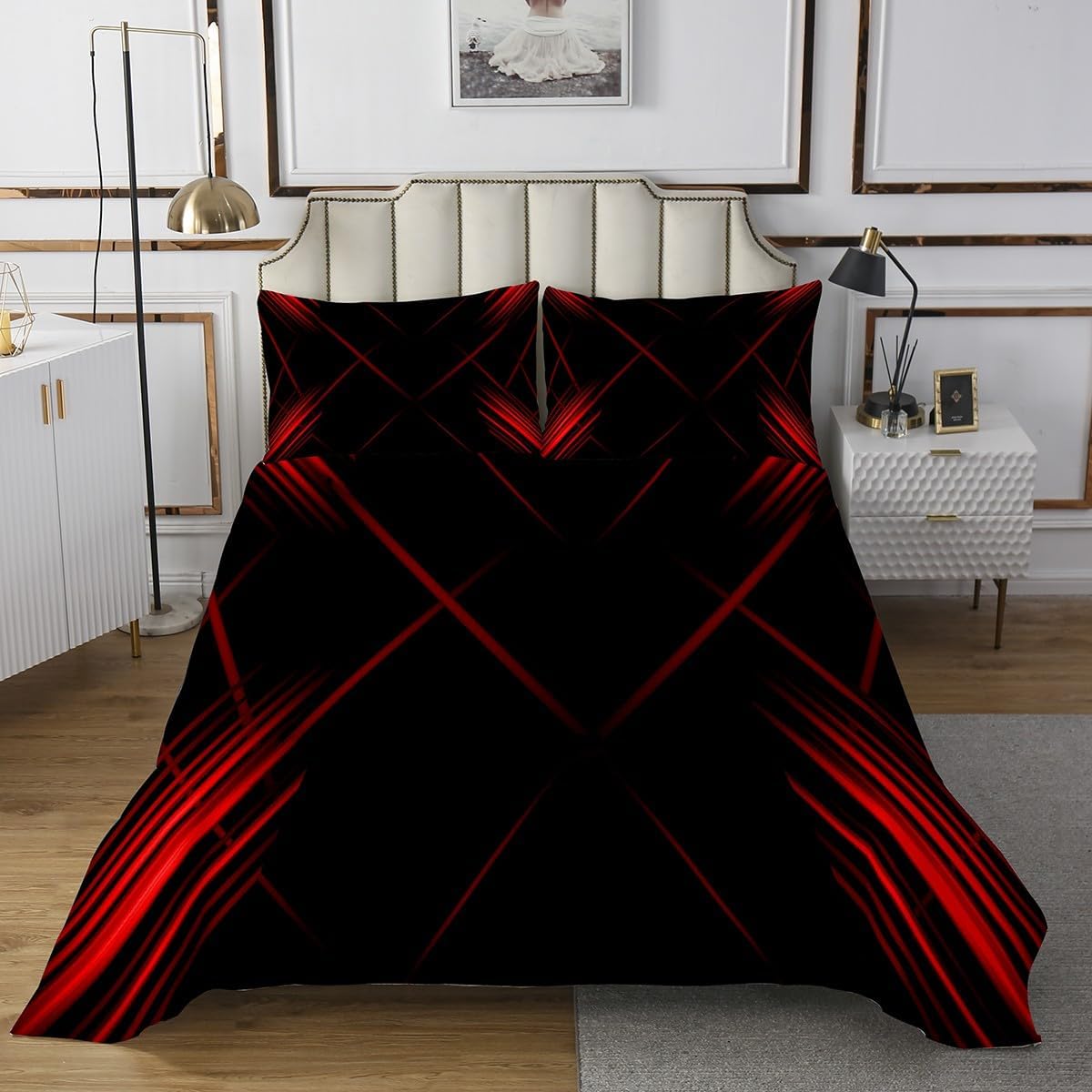 Erosebridal Red Ombre Quilt Set King Abstract Ombre Bedspread for Boys Girls Teens Bedroom Decor,Geometric Striped Coverlet Set Red and Black Bed Set 3 Pcs
