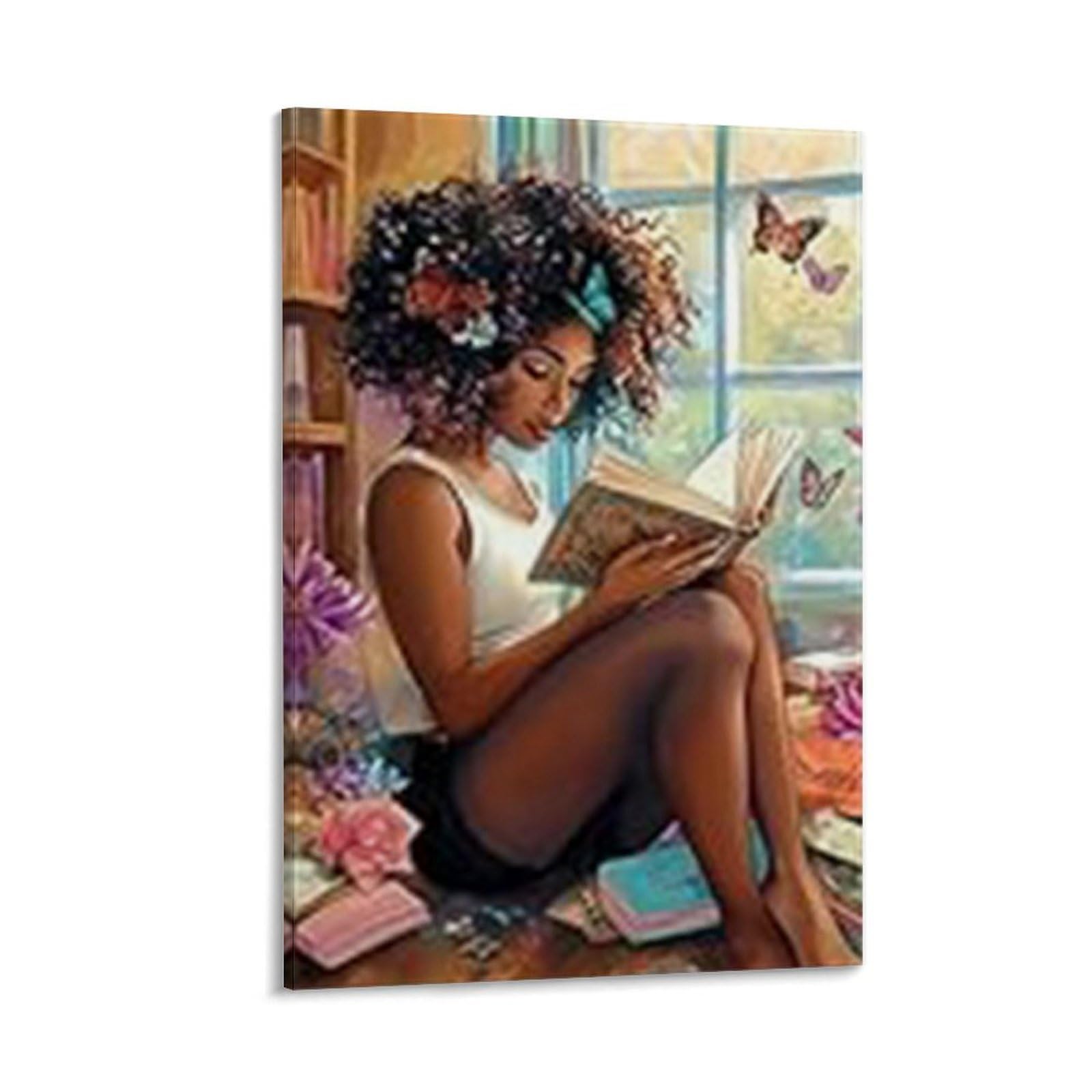 Black Girl Reading Book Wall Art African American Canvas Print Butterfly Girl Picture Fashion Black Girl Poster for Boho Teen Girls Bedroom Decor Poster Canvas Wall Art Print Picture Oil Painting Aest