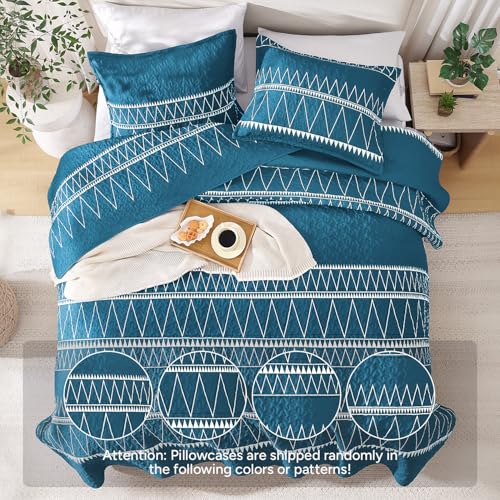 Image of Andency Teal Quilts Queen Size, 3 Pieces Queen Quilt Bedding Set Boho Lightweight Soft Striped Bedspread for All Season (90 inchx96 inch), Printed Bohemian Polyester Reversible Coverlet Comoforter Sets