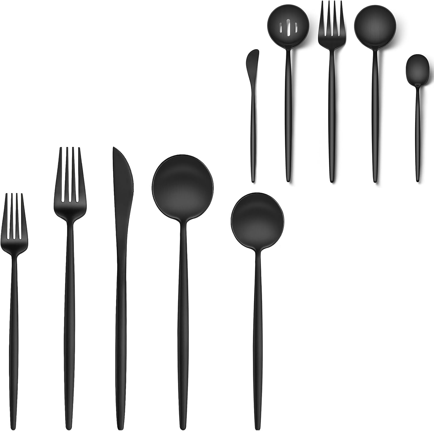 EUIRIO 20-Piece Matte Black Silverware Set with Additional 5PCS Large Serving Utensils, Stainless Steel Forks and Spoons Flatware Set, Cutlery Utensils Set, Satin Finish & Dishwasher Safe
