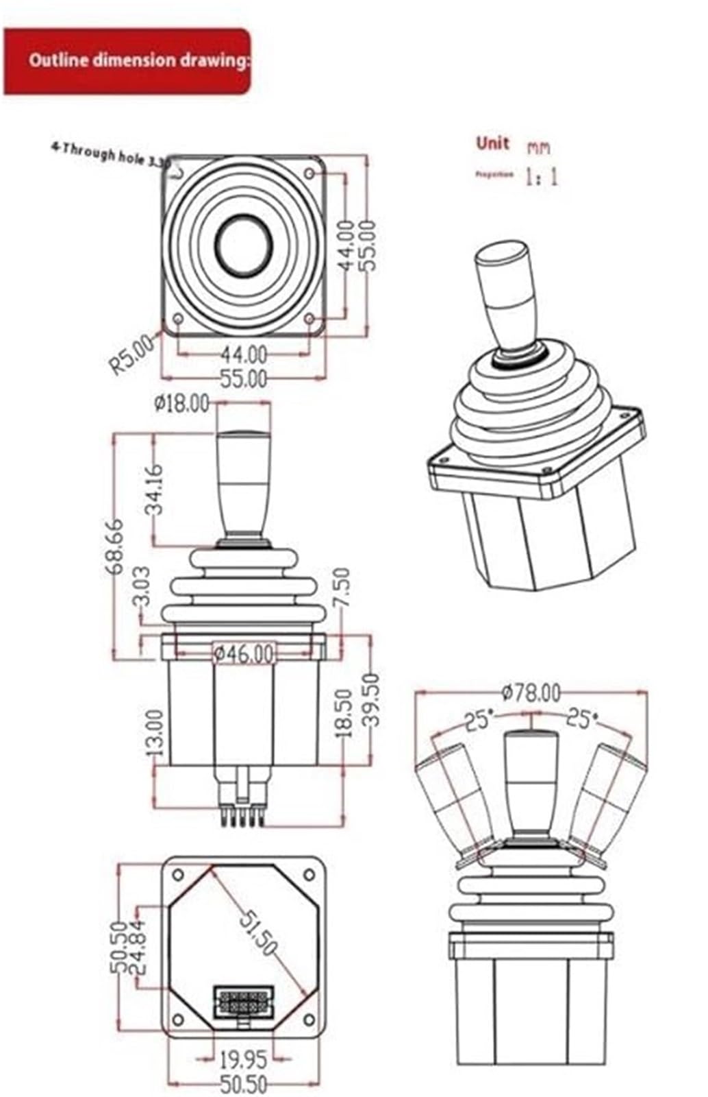 Joystick Joystick Przemysłowy Ze Sterowaniem Elektrycznym I Dwuosiowym Wahaczem Halla Z Prostym Ogranicznikiem SMC45D,dla generatora obrazów(Output 0-5V,12v,Circle)