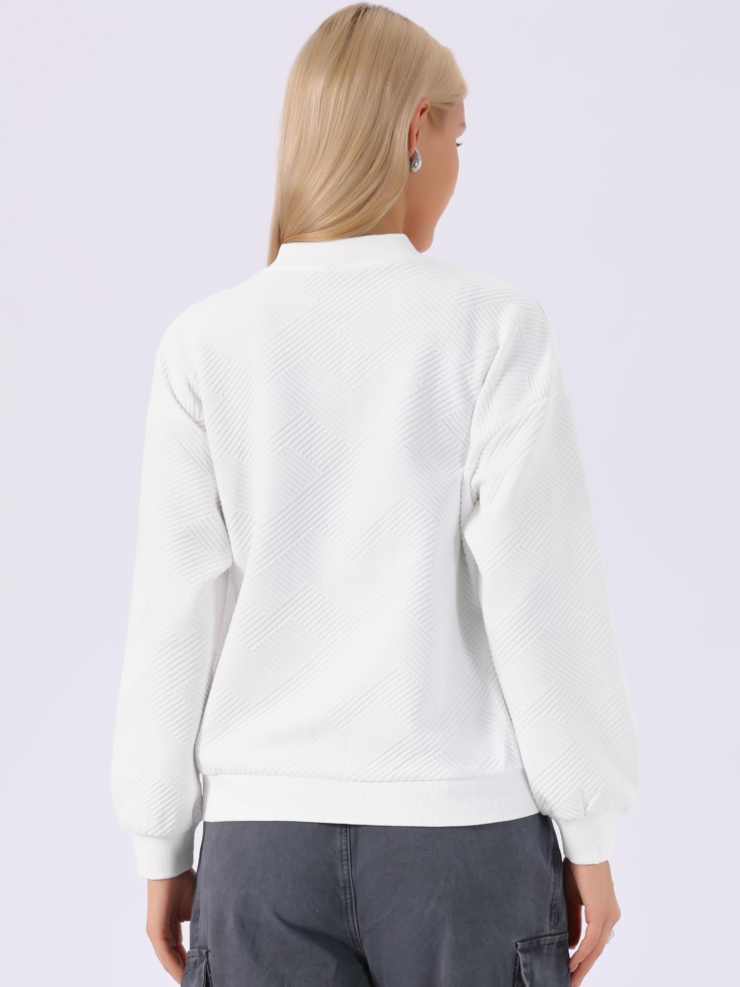 Allegra K Blouson Décontractée Femme Aviateur Col Rond Texturé Style Baseball Veste Bomber Manches Longues