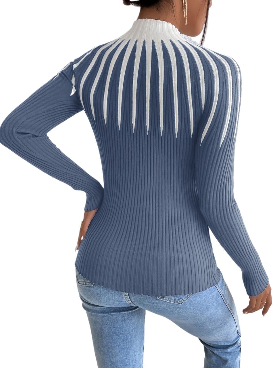 Womens Sweaters Long Sleeve Pullover Colorblock Mock Neck Sweater(Medium)