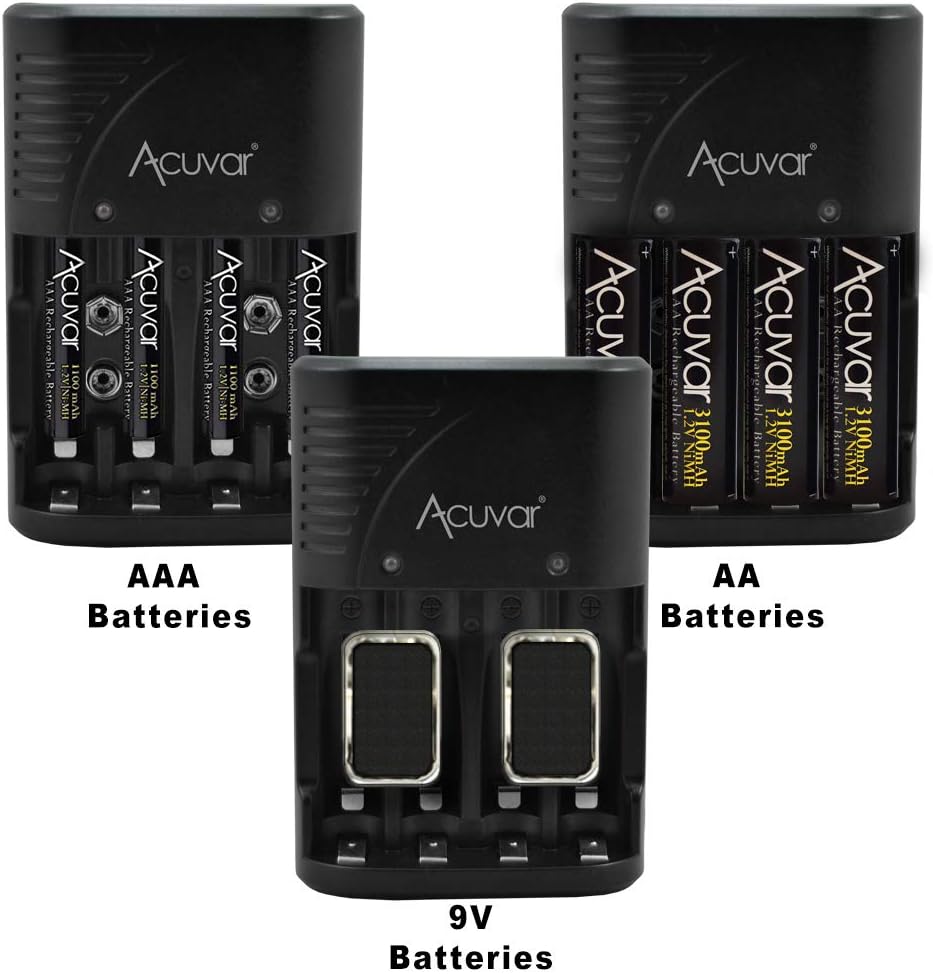 Acuvar charger showing slots for AAA, AA, and 9V batteries