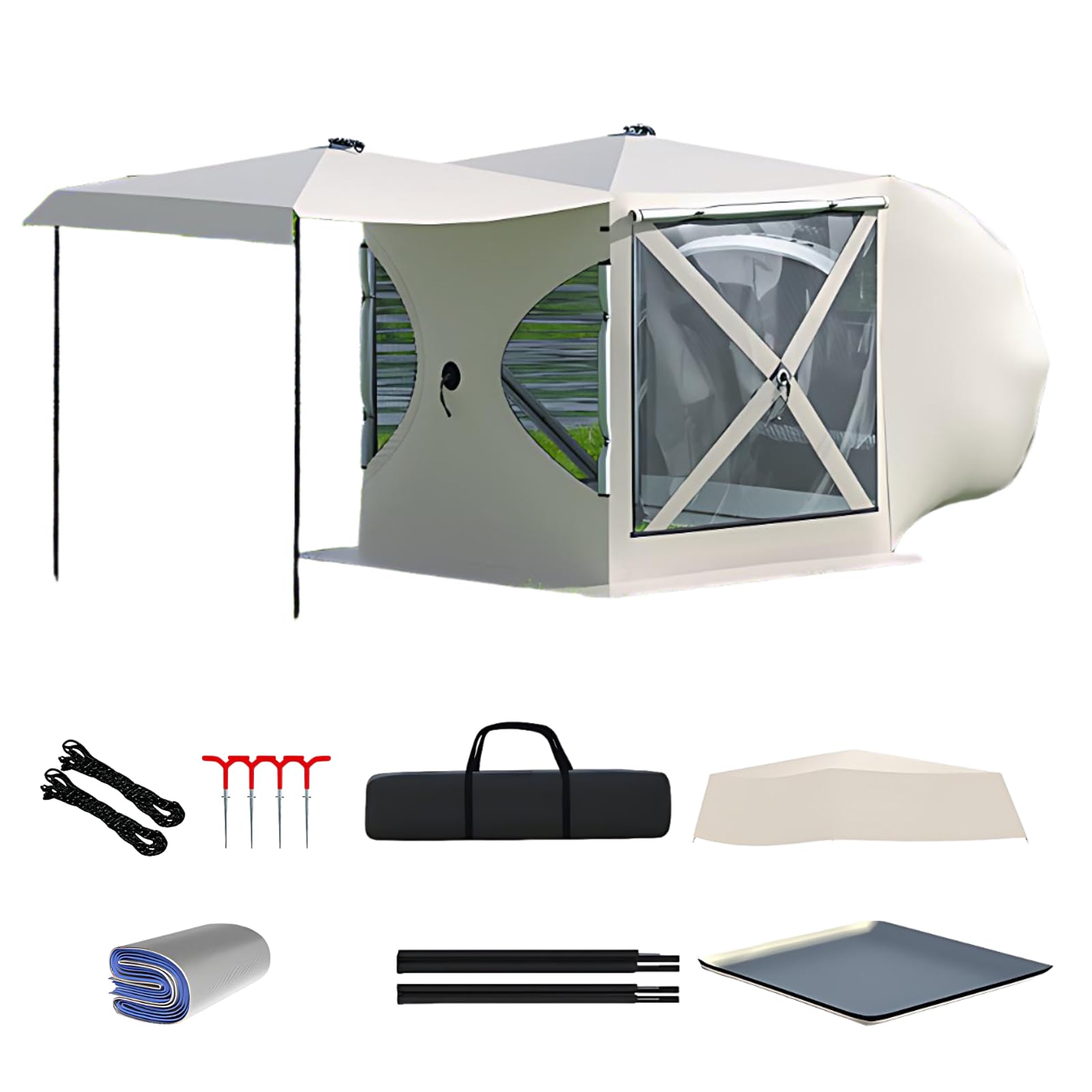 UPLTOE Panoramic SUV Tailgate Tent, 3-4 Person, Pop-Up Instant Setup, Large TPU Windows, Silver-Coated Oxford, with Portable Carry Bag, Rain Cover, Stakes, Guy Lines, Carry Bag Gold-C