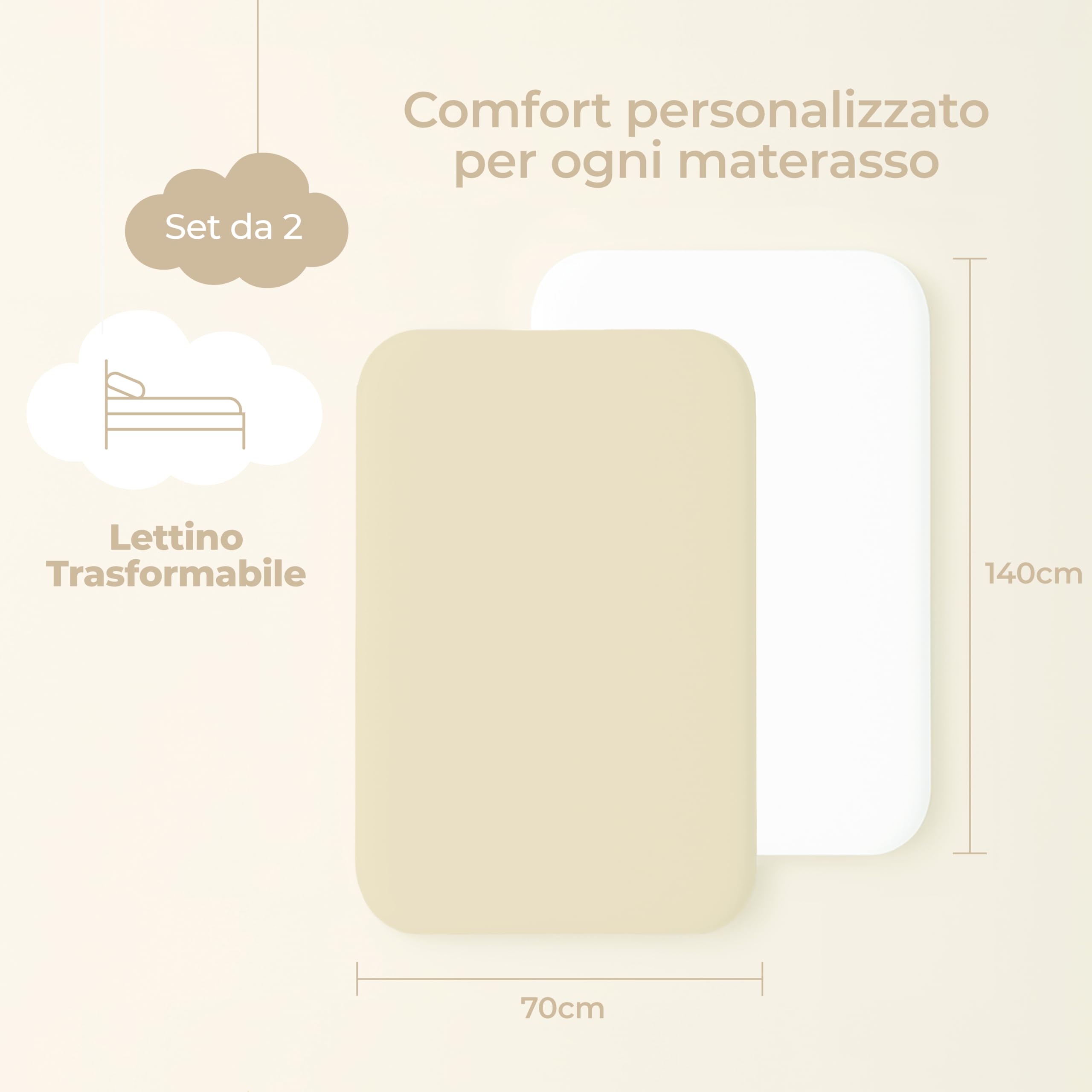 Dreamzie Set 2 Lenzuola Lettino 70x140 Cotone - Lenzuolo Con Angoli, Oeko-Tex Certificato - Per Lettino Con Sbarre E Letto Bambini - Beige/Bianco