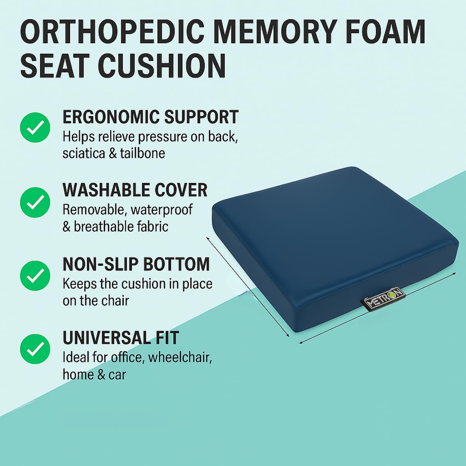 METRON Orthopedic Memory Foam Seat Cushion for Chair & Wheelchair | Pressure Relief Foam Pad with Anti-Slip Waterproof Cover | Chair Gadda for Office, Car & Long Sitting Comfort - Image 5 thumbnail