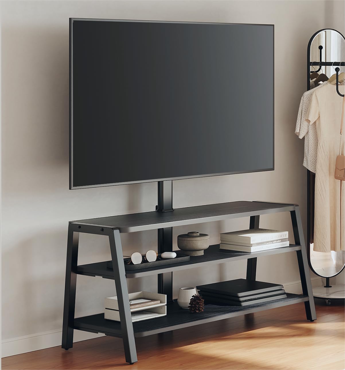 Photo 1 of FITUEYES 3-Tier Floor TV Stand for 37-70 Inch TVs Entertainment Center Stand with Storage-Height Adjustable TV Console Stands with Industrial Wood Board & Cable Management, VESA 600x400mm, Black For 37"-70" TVs Black