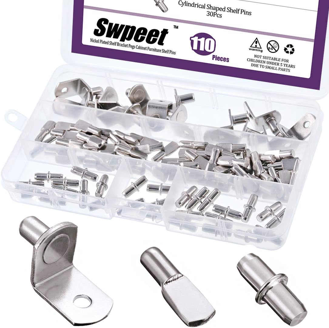 Swpeet 110Pcs 3 Styles Shelf Pins Assortment Kit, Top Quality Nickel Plated Shelf Bracket Pegs