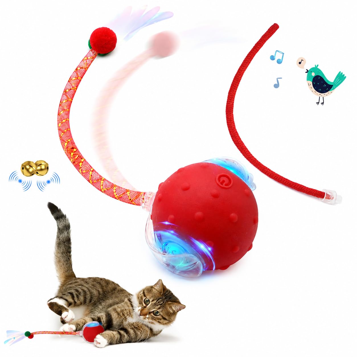 UKONWIT Interactive Cat Toys Ball for Indoor Cats,Automatic Moving Cats Toy with Elastic Mesh Bell Tail, Rechargeable Cat Ball for Bored Indoor Cats,Kitten Toys Rolling Ball Energetic-cat,Red