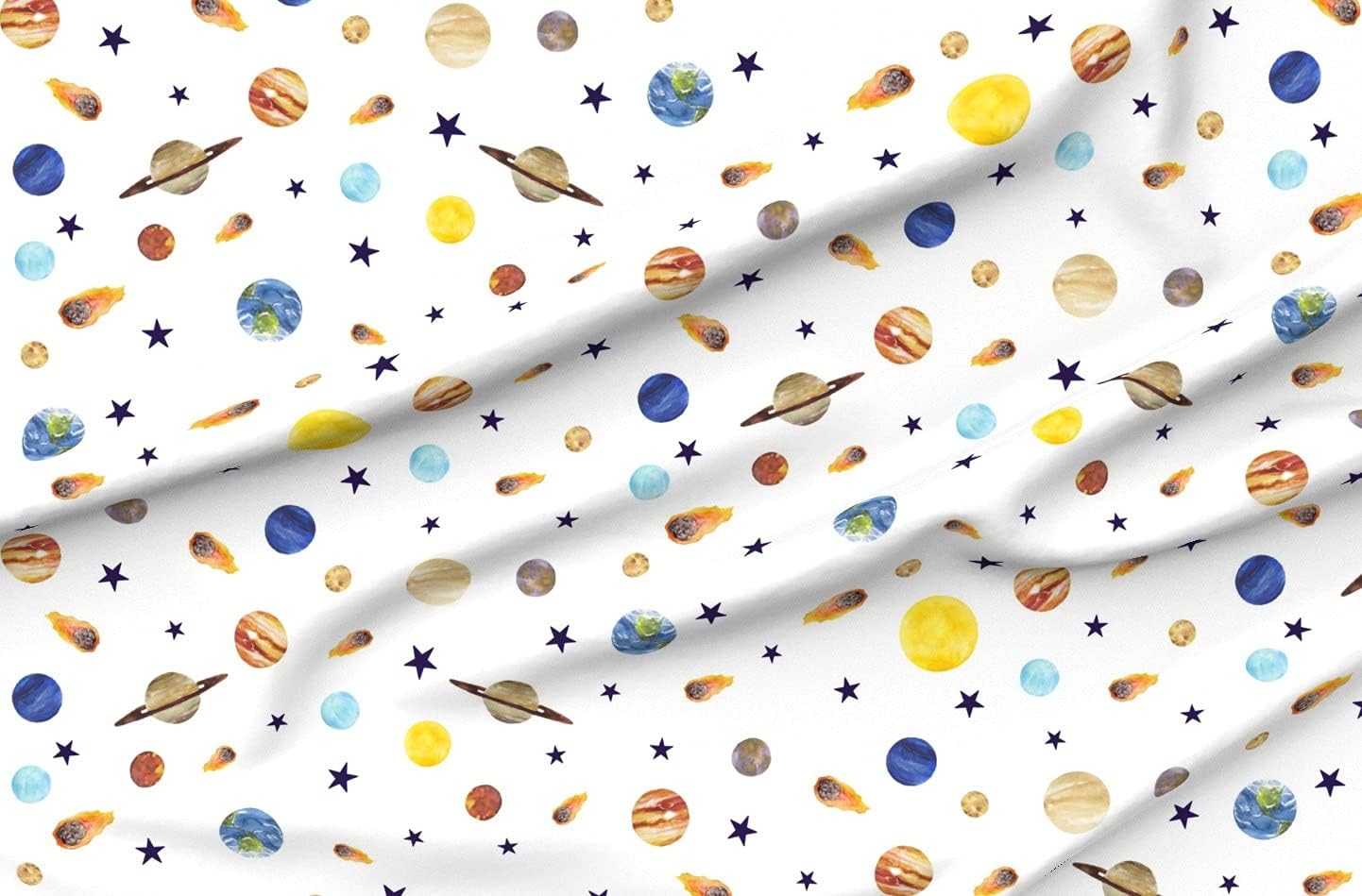 Spoonflower Fabric - Watercolor Planets Mix Space Nursery Outer Theme Printed on Organic Cotton Sateen Fabric by The Yard - Sewing Quilting Apparel Home Decor