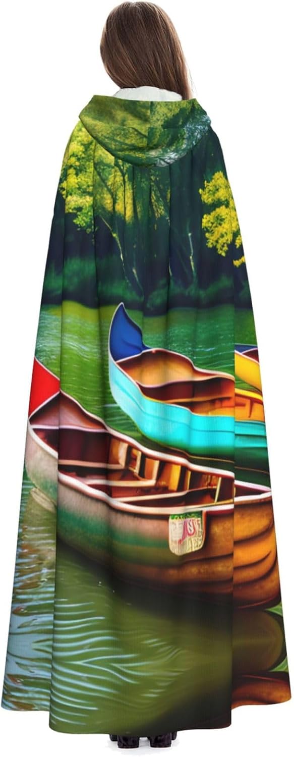 SSIMOO Lake with Boats Canoes Park Enchanting Adult Hooded Cape for Halloween and Party Costumes-Fashionable Women's Robes,Capes