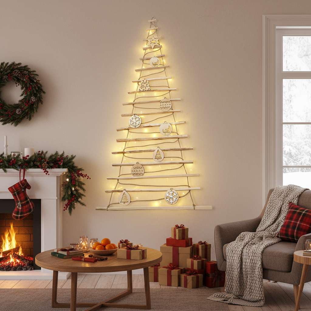 BOGATECO Sapin de Noël fait à la main Hauteur 205 cm avec décorations en bois de noisette, pendentif décoratif avec lumières LED de 10 m, panneaux en bois reliés à une corde de jute avec un