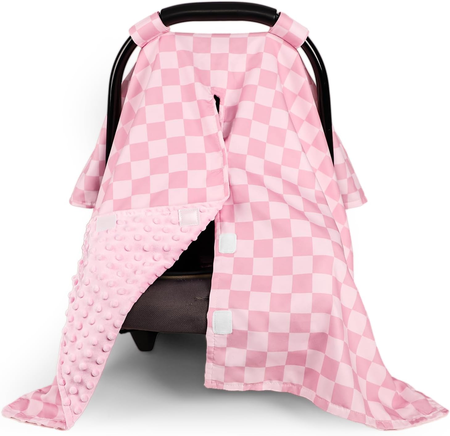 Baby Car Seat Cover, Minky Carseat Cover Baby Girl, Peekaboo Opening Infant Car Seat Cover, Warm Baby Car Seat Canopy for Winter, Pink Checkered