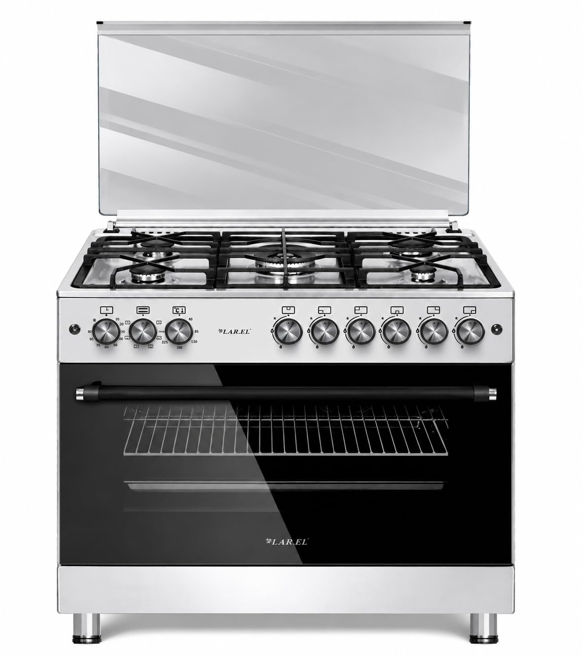 LAR.EL Cucina Inox Acciaio 90x60 cm con Forno Elettrico, 5 Fuochi a Gas Tripla Corona, Griglie in Ghisa e Valvole di Sicurezza Accensione Elettronica (Metano/GPL) - CUC.L90EX