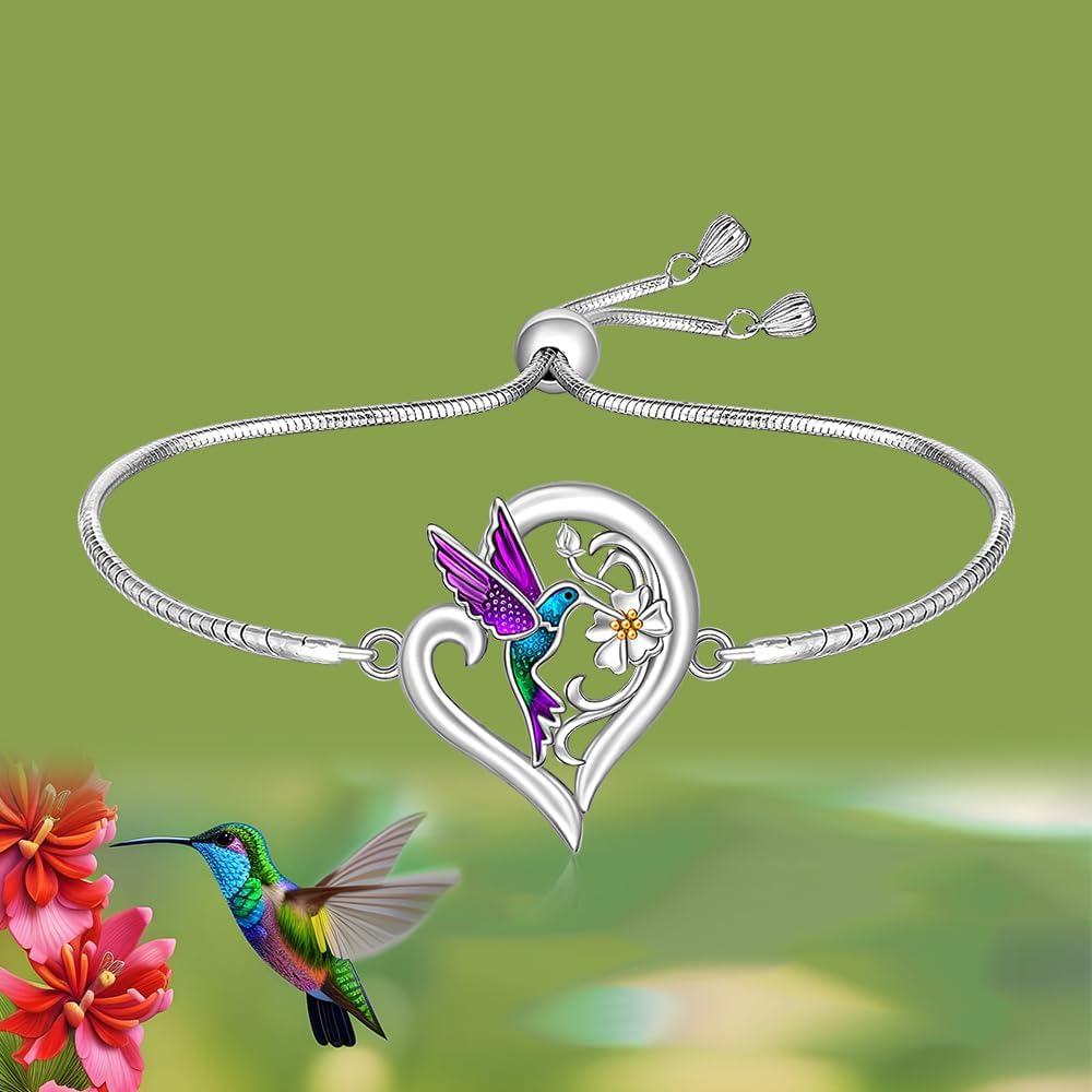 Fenthring Hummingbird Bracelet for Women Sterling Silver Heart Purple Hummingbird Bracelets Jewelry Adjustable Flower Bird Memorial Birthday Gifts - Image 6
