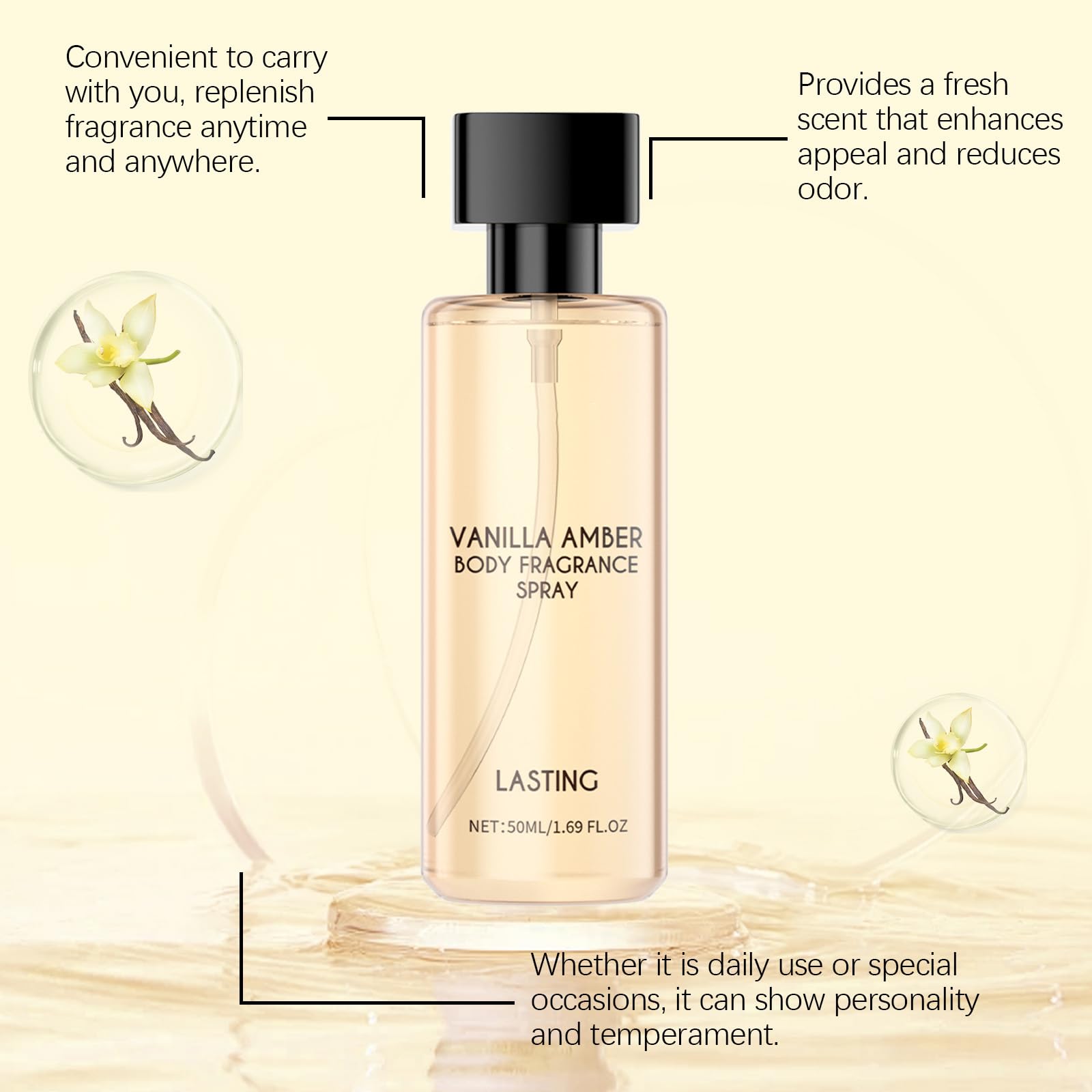 Waniliowy spray do ciała dla kobiet i dziewcząt, długotrwała mgiełka zapachowa do skóry i włosów, świeży i elegancki zapach, 50 ml, rozmiar podróżny (5)