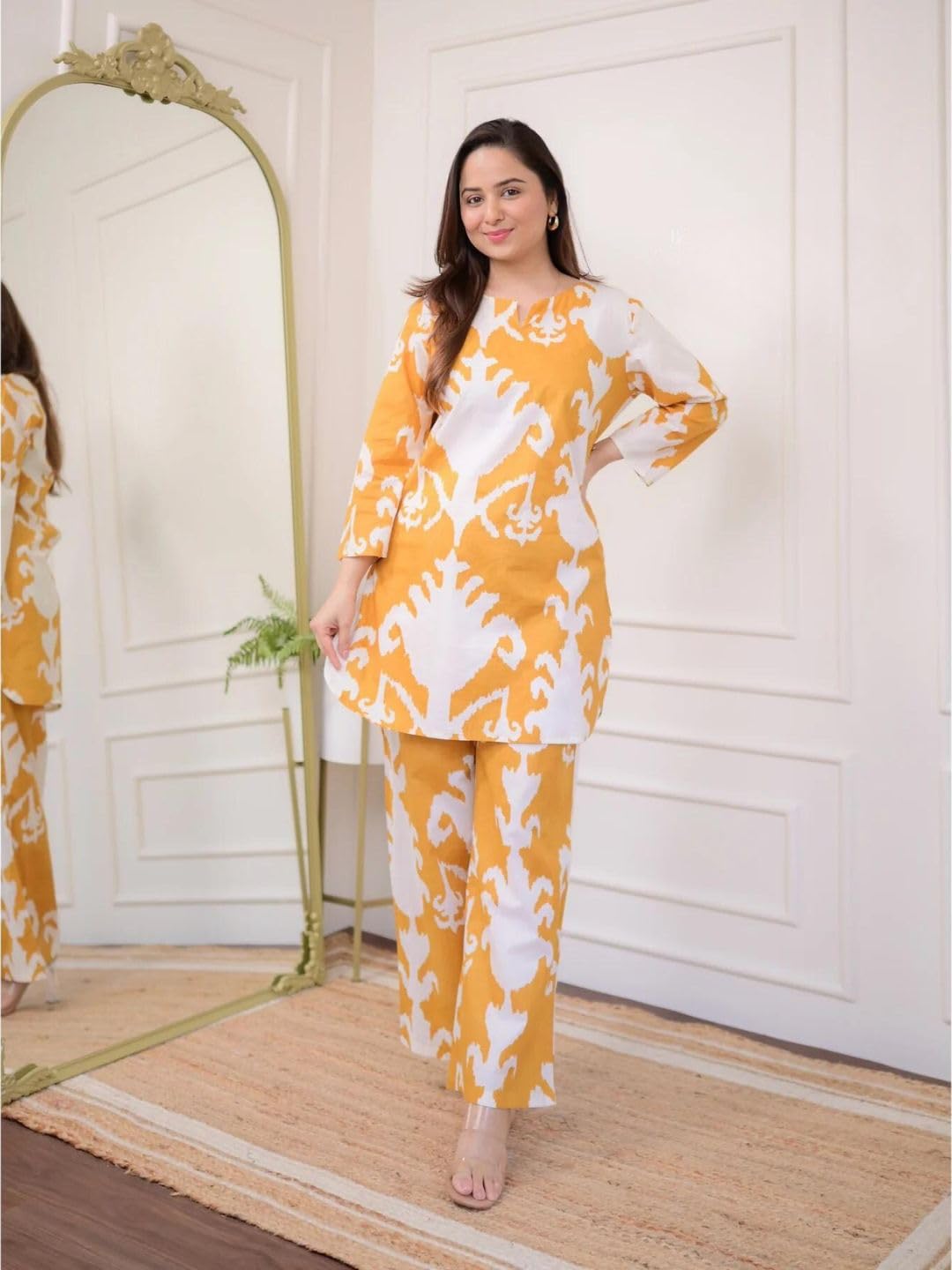 Rytras Women's Cotton Printed Straight Kurta With Pant Set(Ryt573,Yellow,Xl)