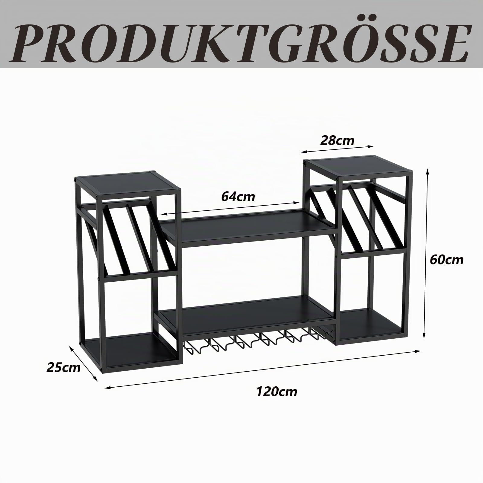 Wand-Weinregal Metall 120CM 3 Ebenen Weinregal Wand mit Glashalter Moderne Barregale für Spirituosen Multifunktional Weinpareite Display Rack für Hausbar Esszimmer Küche Restaurant,Schwarz 120*25*60CM
