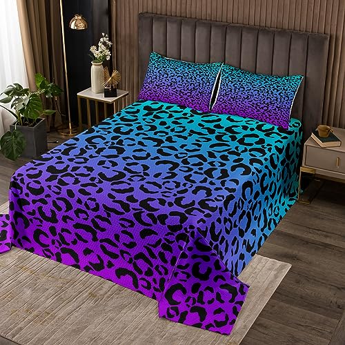 Leopard Print Bedspread Queen Size,Wild Animals Cheetah Skin Texture Coverlet Set,Kids Girls Beauty Woman Room Decor,Blue Purple Gradient Quilted Coverlet,Romantic Chic Bedding Quilt,2 Pillowcases