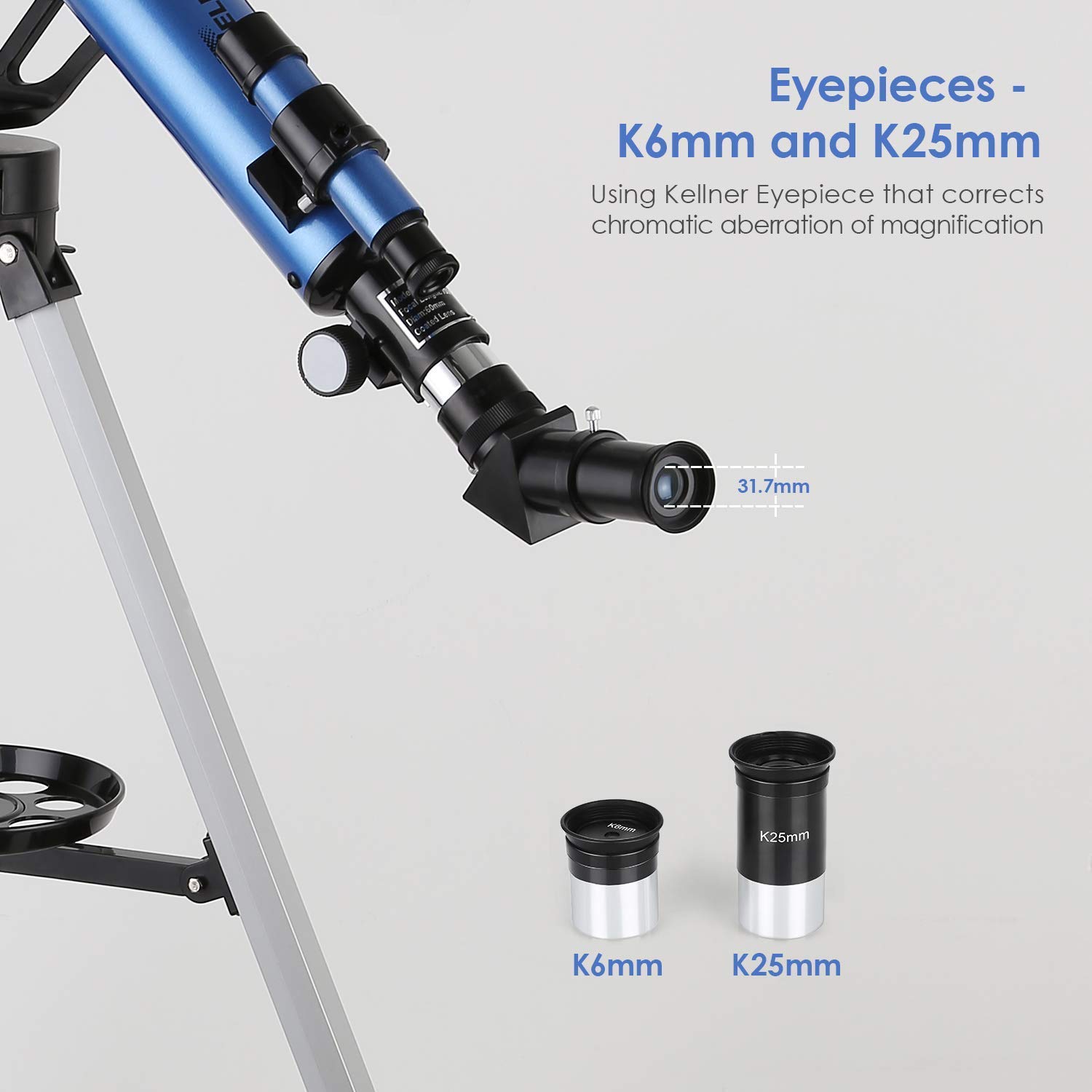 Télescope 60/700 mm avec Oculaires Kellner de 6 mm et 25 mm, Télescope Astronomique pour Débutant avec Adaptateur de Téléphone, pour Observer La Lune et Les Planètes