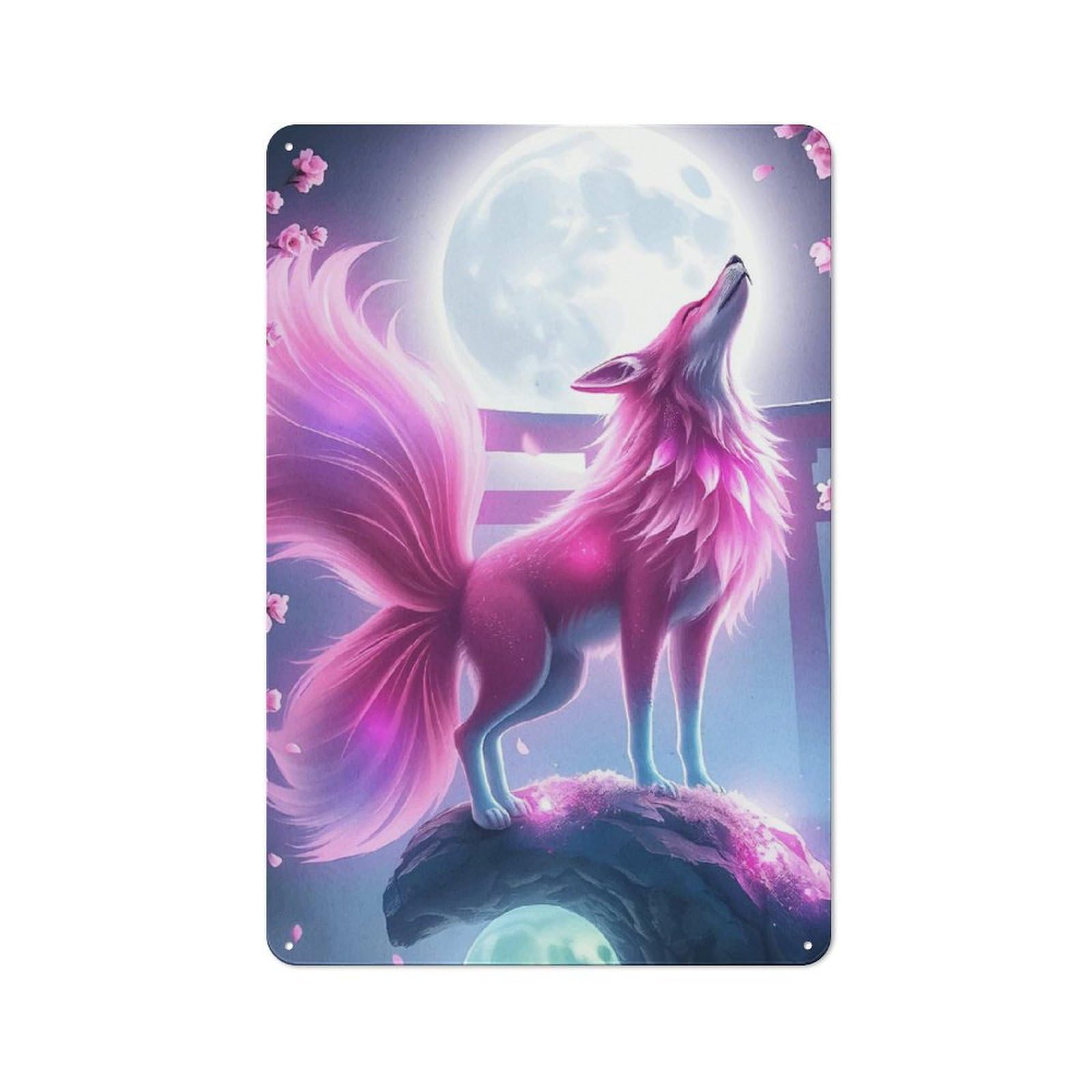 Junmoney Style-19 Metal Wall Sign 30X20cm Featuring Fox Howling Moon For Hallway Wall, For Hallway Decor Lovers, For Retro Home Interiors