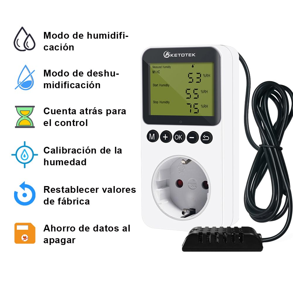 KETOTEK Enchufe con Higrostato Digital con Sonda 220V Controlador de Humedad mit Countdown-Funktion para Terrario Reptil Invernadero Incubadora Humidificador Deshumidificador
