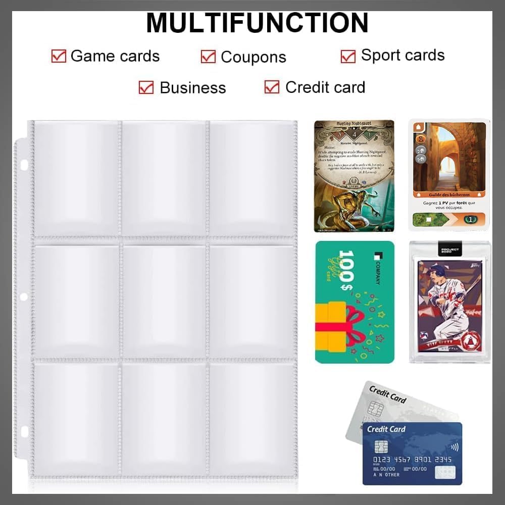 900 Pockets Baseball Card Sleeves, Double Side 9-Pocket Trading Card Sleeve Page Protector Game Card Sleeves Fit 3 Ring Binder for Trading Card Baseball Game Business Cards 50 Pages (50 Pack 11 Holes)