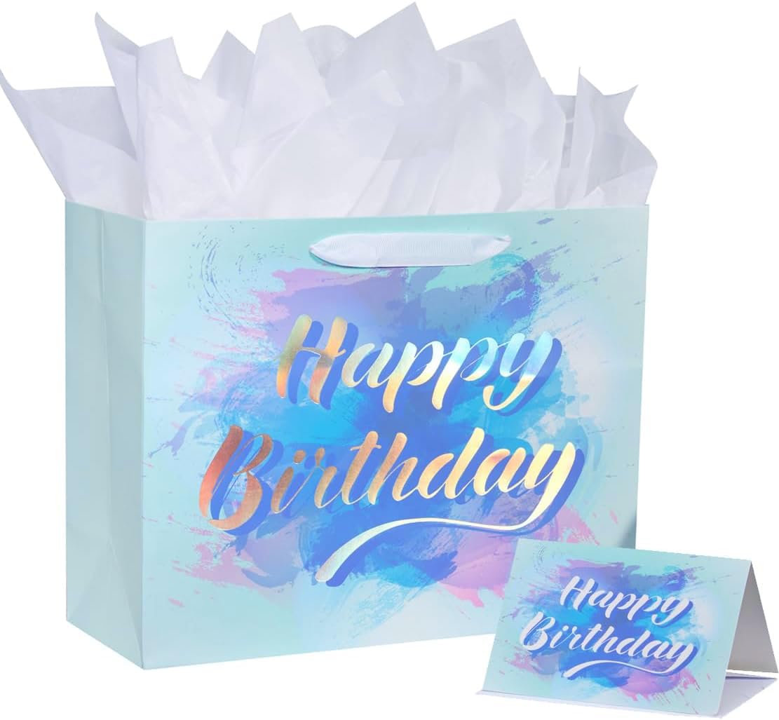 SUNCOLOR13" Large Birthday Gift Bag with Tissue Paper and card