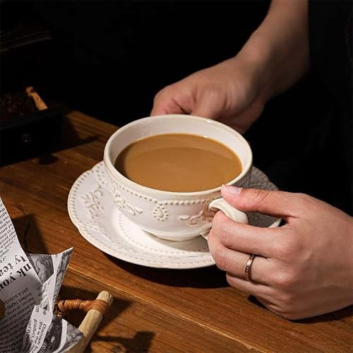Miniatura 6 de Tazas de capuchino de 6 onzas con platillos, apto para inauguración de la casa, taza de café de cerámica en relieve para Au Lait, doble shot, latte,