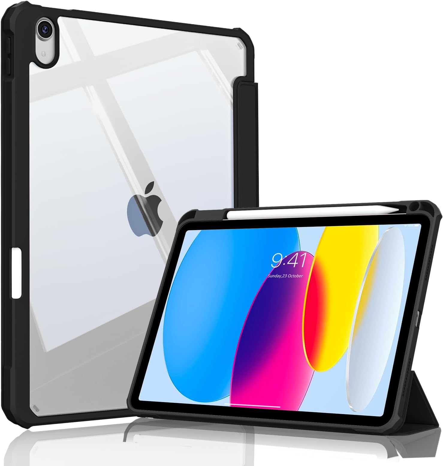 JKSML Case for iPad (A16) 11th Generation 11 Inch 2025, iPad 10th Generation 10.9 inch 2022, Shockproof Slim Clear Back Cover with Pencil Holder, Support Touch ID, Auto Wake/Sleep, Black