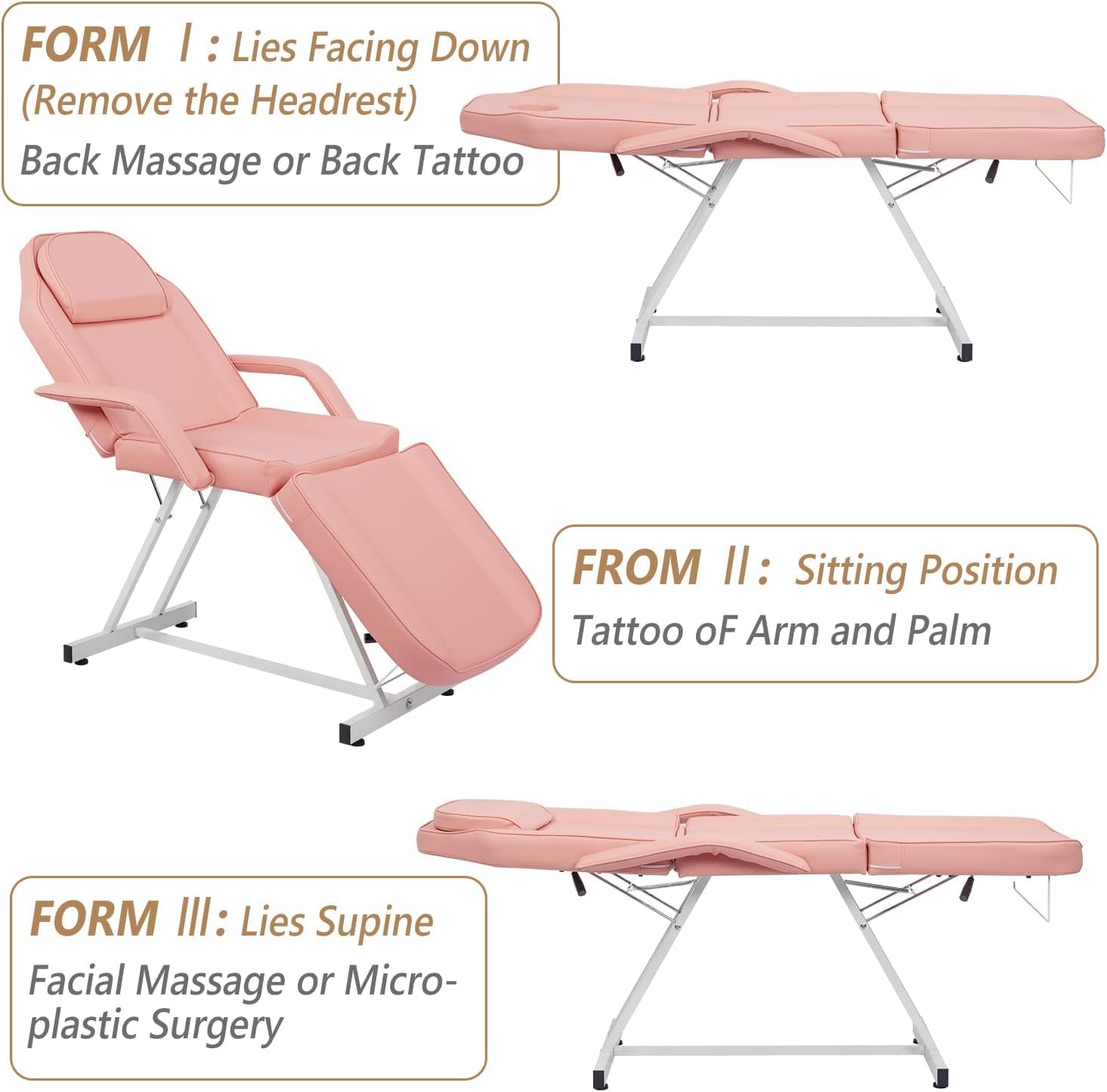 Tavolo Massaggio Pieghevole 3 Zone 185x70 cm Rosa | Sgabello Portatile Tavolo Massaggio in pelle PU Per salone Estetista Tattoo